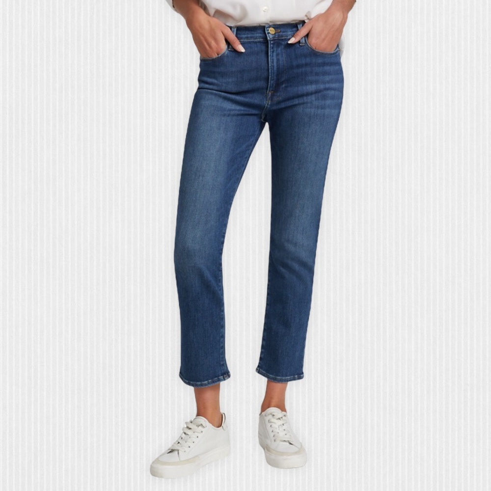 Frame Denim Le High Straight Medium Blue Wash Ankle Cropped Fray Jeans 26